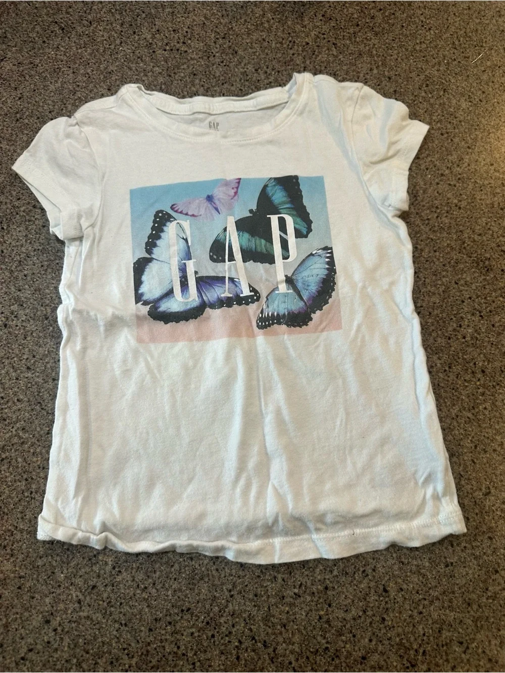 GAP White Tee with Blue & Purple Butterfly Graphic